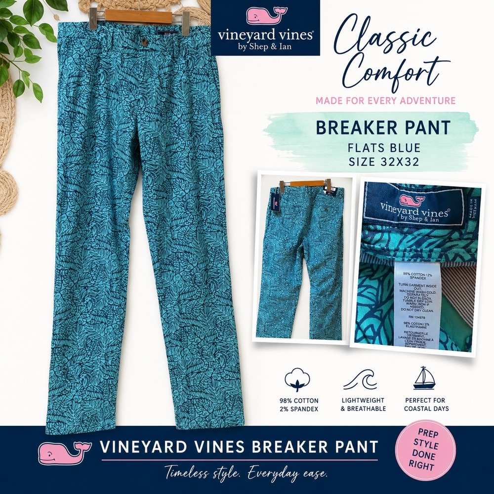 Vineyard Vines Breaker Pant Flats Blue Tropical Print Chino Mens 32x32 1P1290